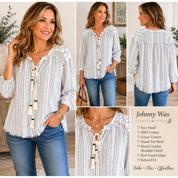 Johnny Was Tops - Johnny Was Tunic Top Black White Stripe Embroidered Beaded Boho Small